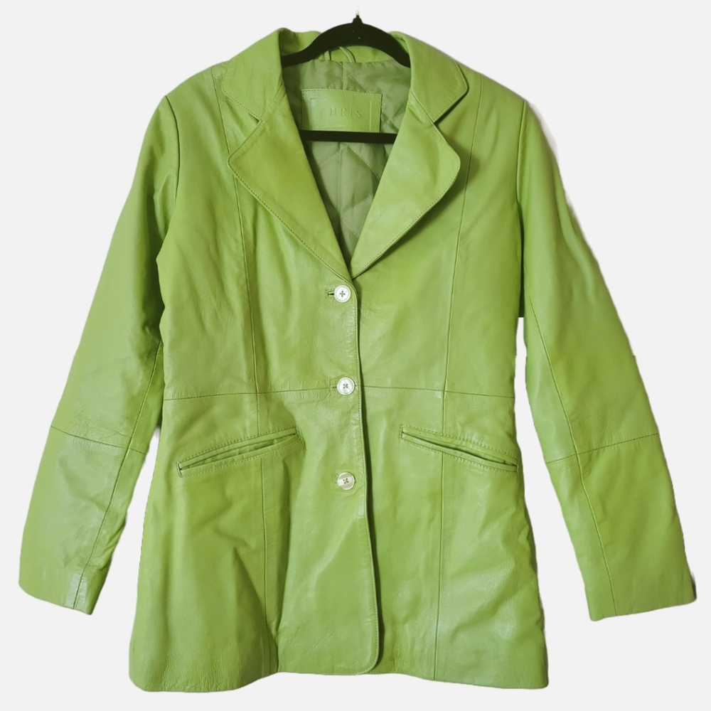Vintage Y2K oversized long lime green genuine leather blazer jacket - Picture 1 of 9